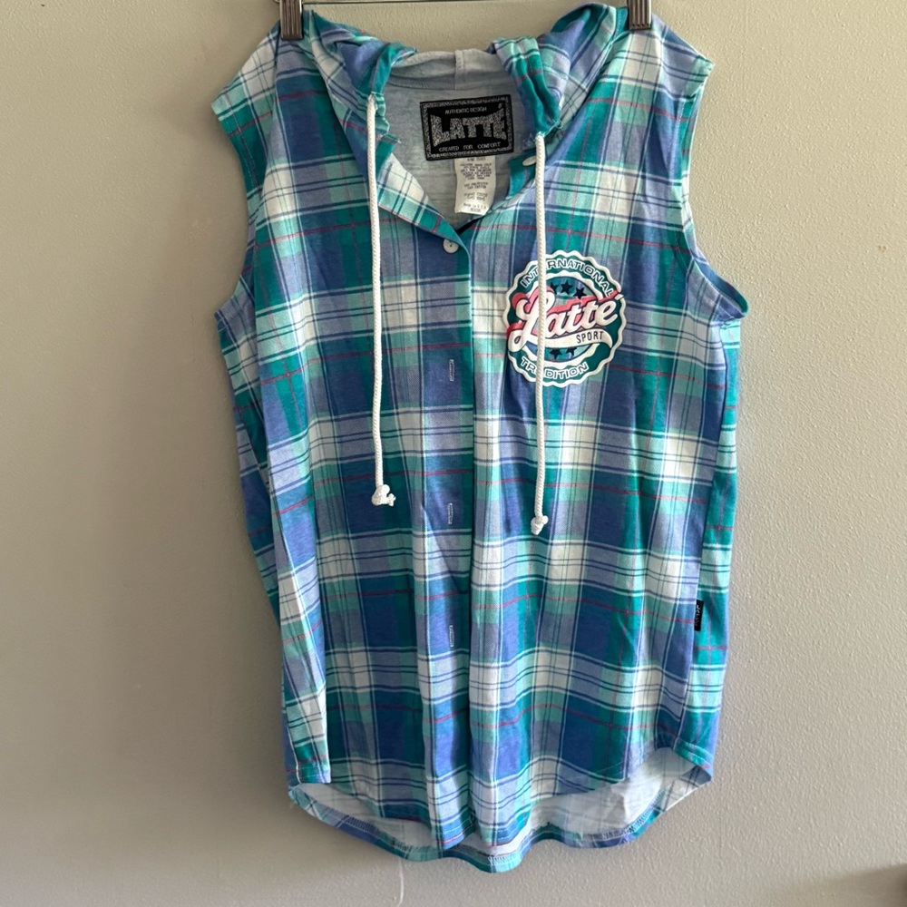 Latte Blue and Green Plaid Sleeveless Hoodie size M